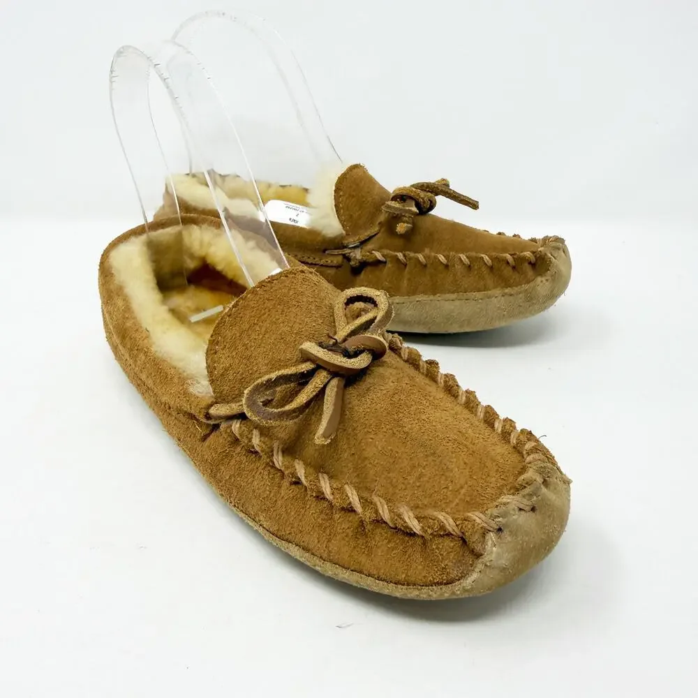 LL Bean Tan Suede Shearling Moccasin Slippers Kids Size 2 EUC Tie Bow Detail